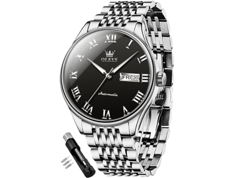 VEANXIN Reloj automático de acero inoxidable resistente al agua con calendario luminoso para hombre(plata)