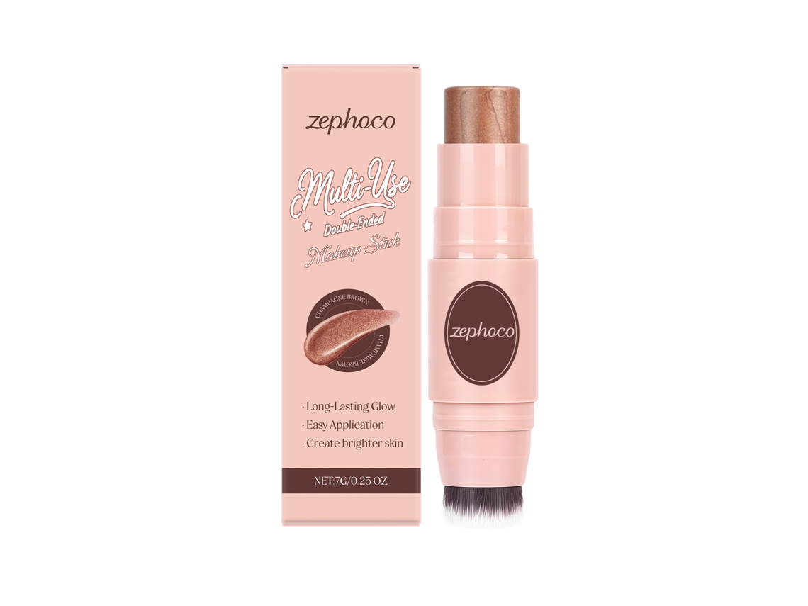 Brocha de maquillaje multiusos de doble punta color marrón champán.