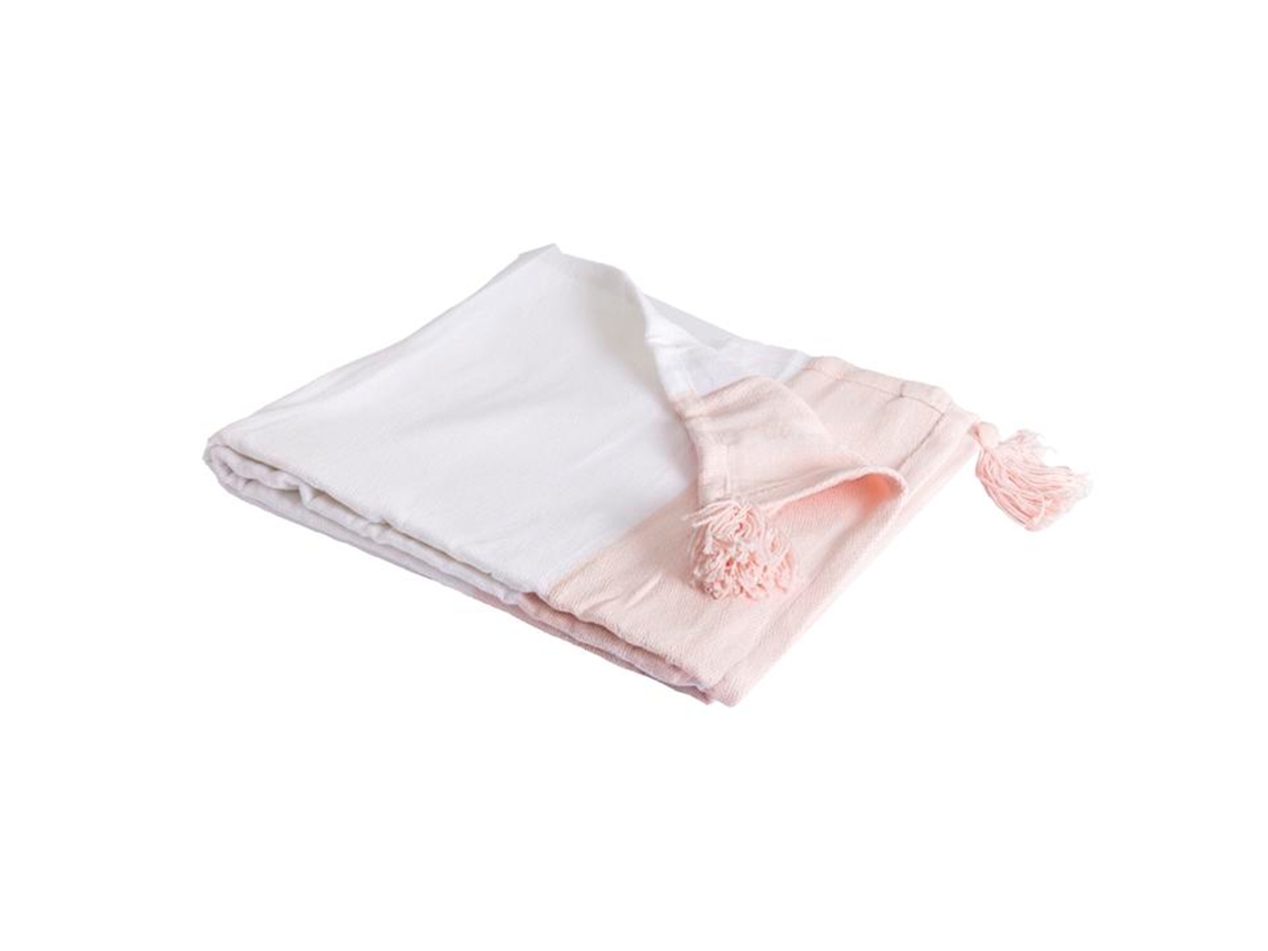 Manta Plaid 100% Algodón Rosa Y Blanco Con Borlas 130x170cm Slavann