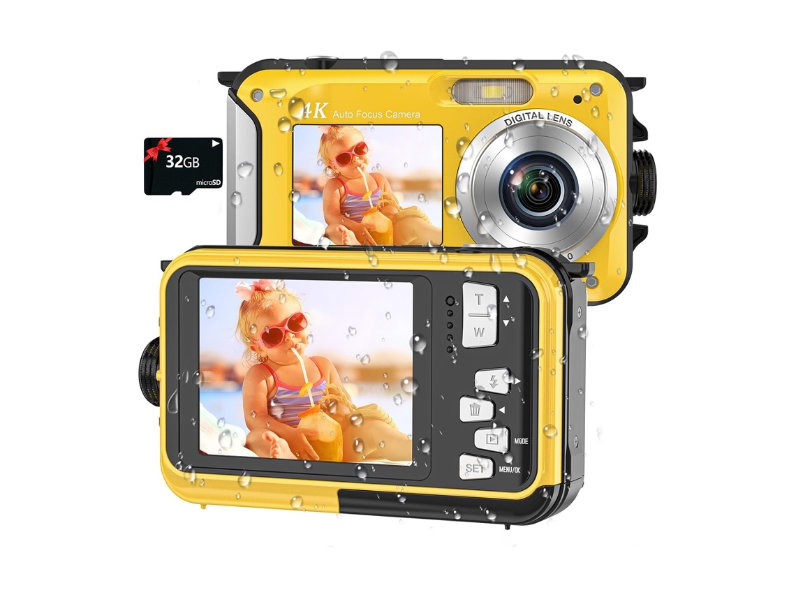 Cámara Sumergible 4k 64mp Pantalla Dual 16 Pies 32gb Microsd (amarillo)