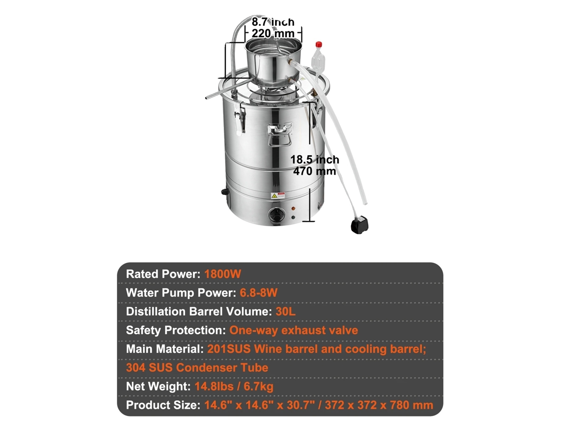 Destilador de alcohol, sistema eléctrico, gran capacidad, 30 litros.