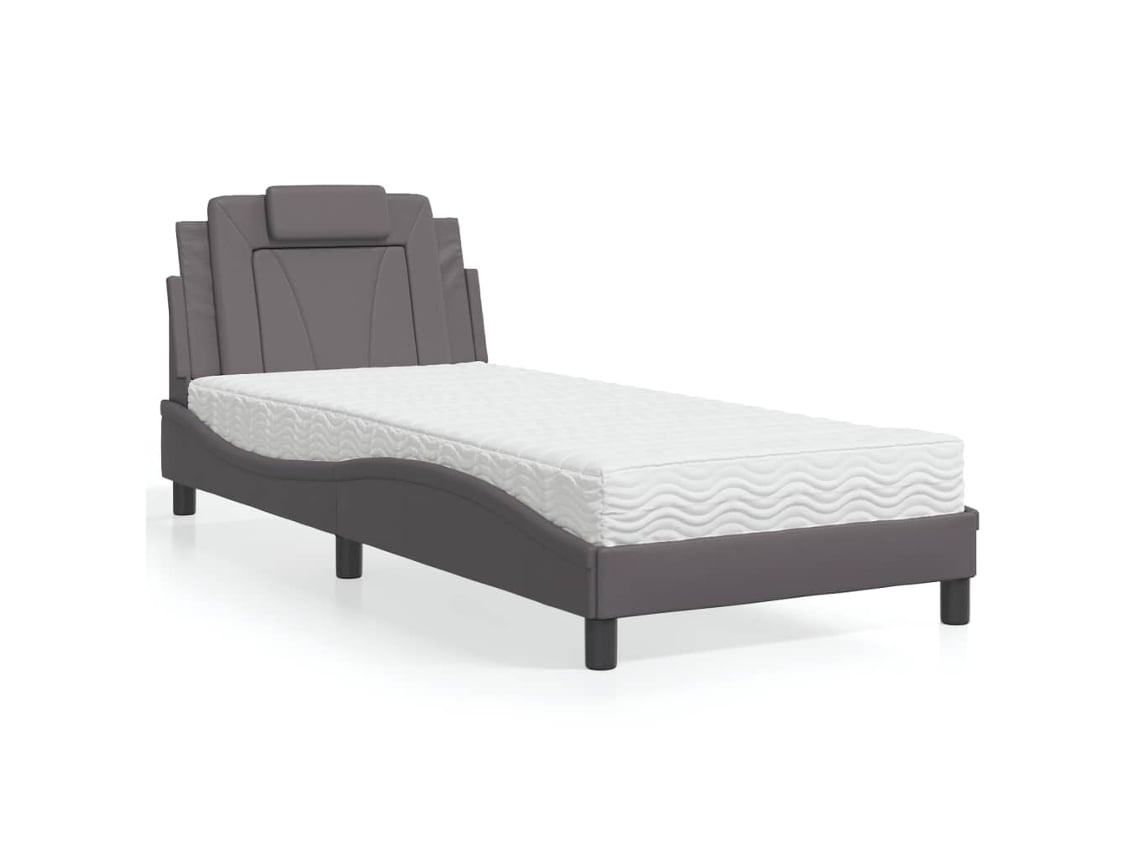 Cama Con Colchón Cuero Sintético Gris 90x190 Cm