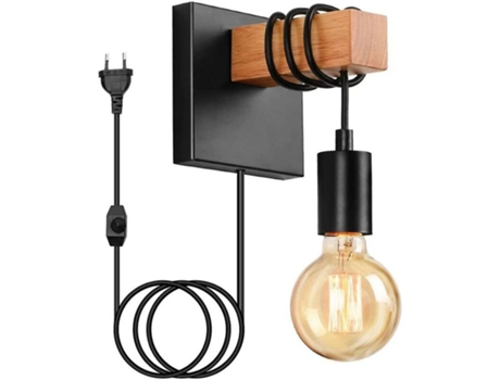 Lámpara de pared industrial de madera con enchufe de interruptor Foco de pared retro interior E27 (con interruptor sin bombilla)