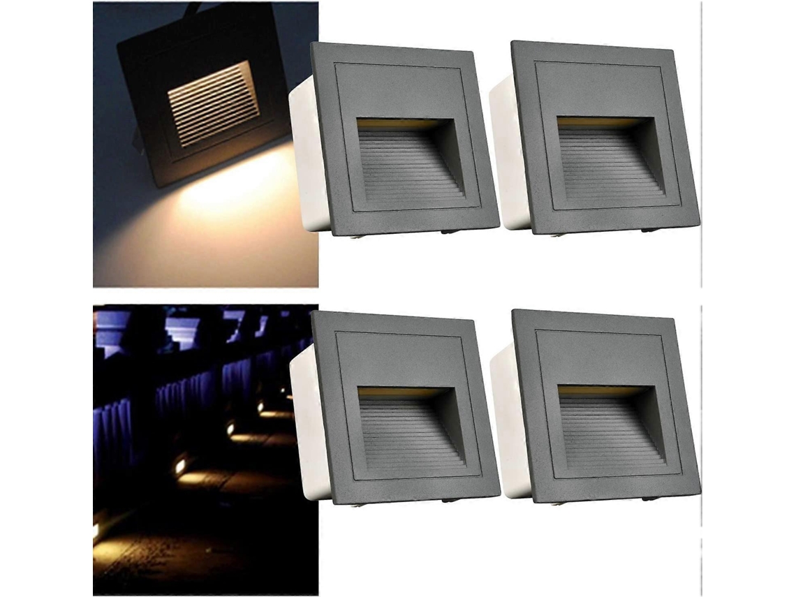 Juego de 4 apliques LED empotrables Omni, 3W, aluminio, 230V, luz blanca cálida, protección IP65 contra el agua, carcasa gris, clase energética E.