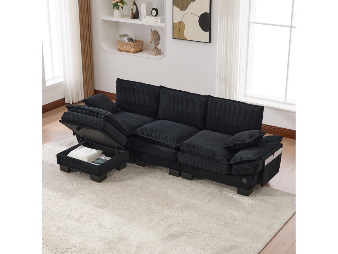 Sofá Modular 3 Plazas - Asiento Ancho, Diseño Ergonómico, Espuma De Alta Densidad, Puerto Usb-c Y Bolsillos Laterales - Negro