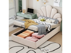 Cama con Arca Tapizada en Terciopelo 90x200 cm Cabecero en Forma de Flor con Somier de Láminas Beige