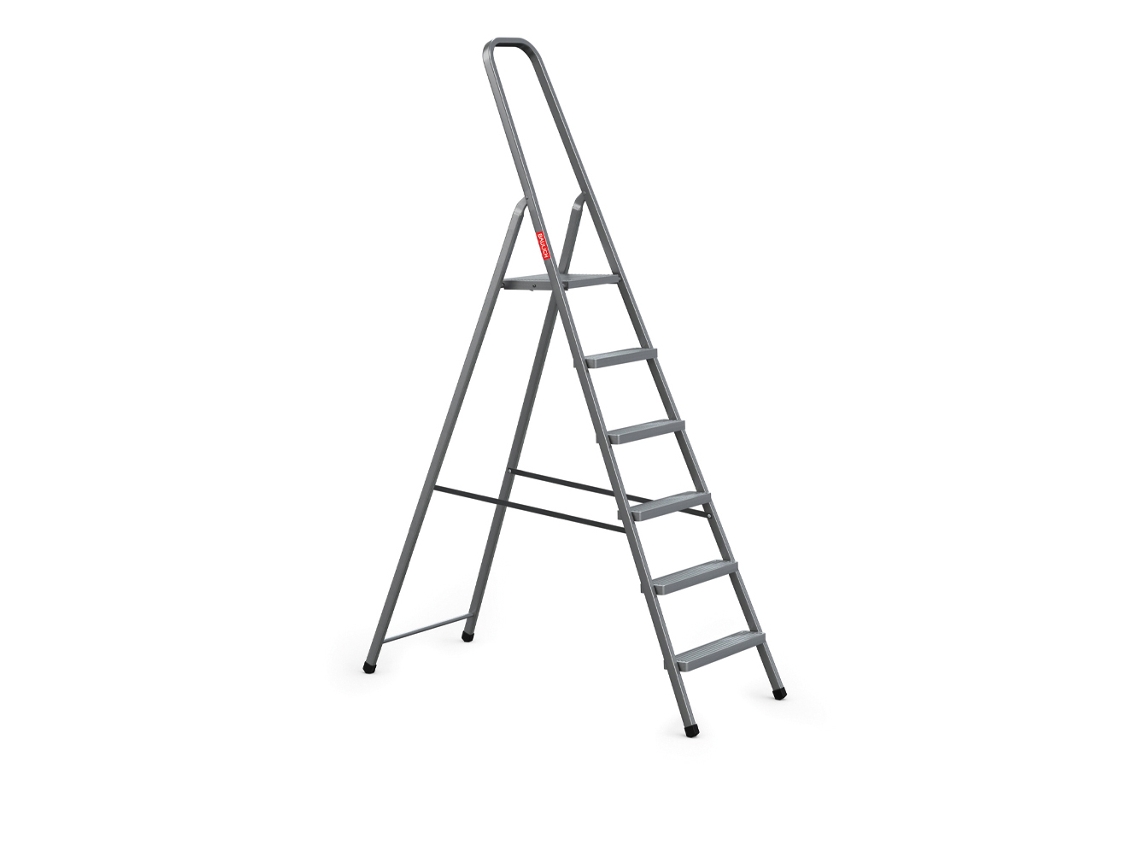 Escalera doméstica plegable Baulich de 6 peldaños de acero gris.