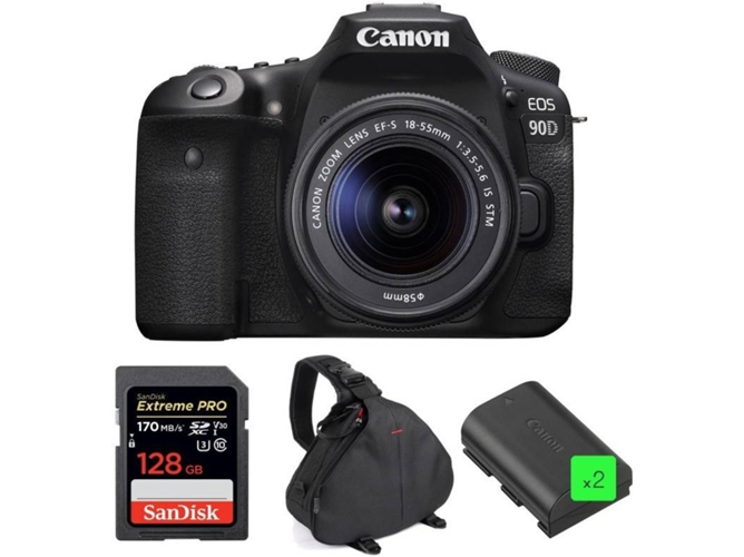 Kit Cámara Réflex CANON EOS 90D + 18-55mm IS STM + SanDisk 128GB + 2 LP-E6N + Bolsa