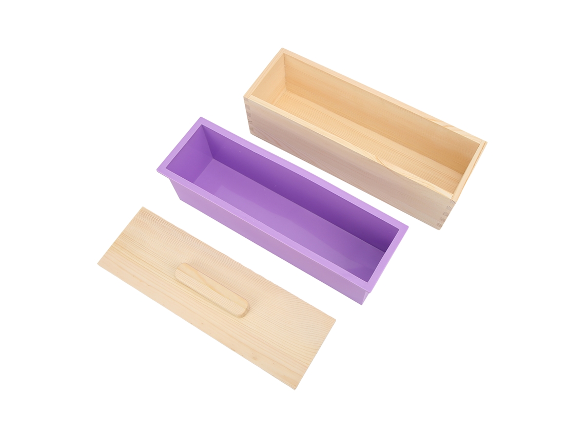 Molde Flexible De Silicona Morada Para Jabón En Barra Con Caja De Madera Y Tapa (kit Para Armar)