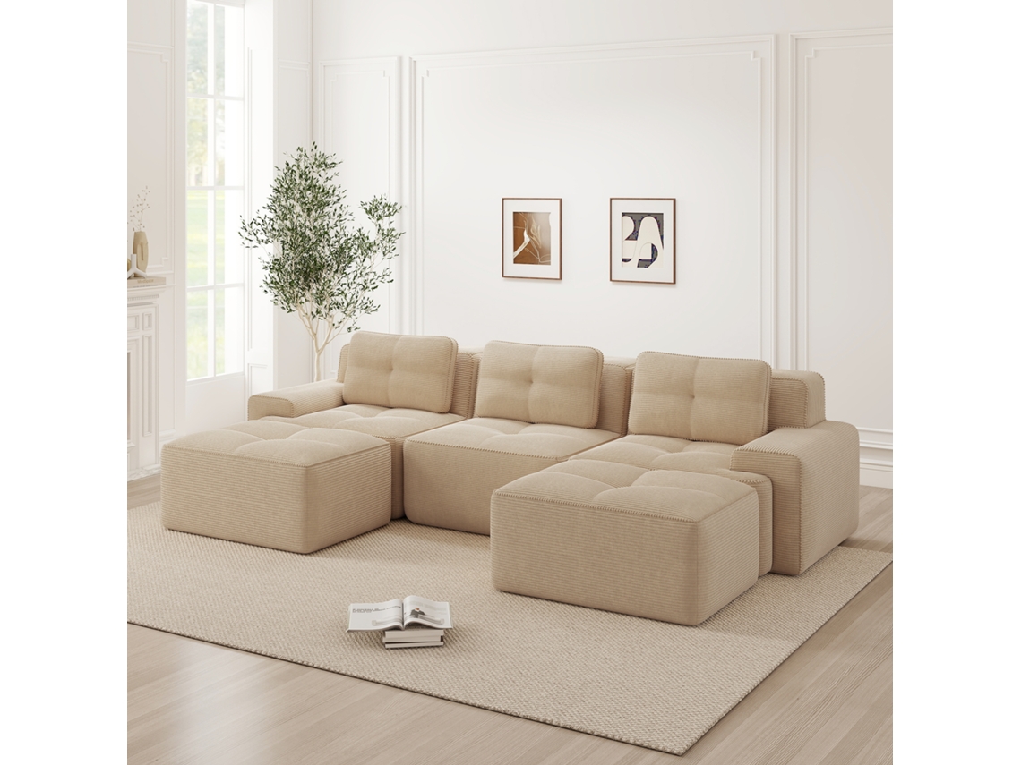 Sofá Modular U 3 Plazas - Cloud, Con Otomana, Tapizado En Corduroy, Sin Montaje - Beige