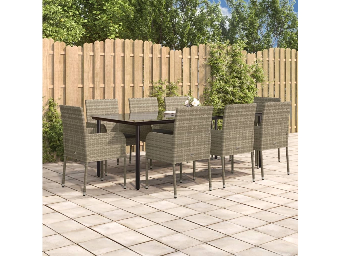 Juego de comedor de jardín de 9 piezas con cojines de mimbre negro/gris de DKD Home Decor