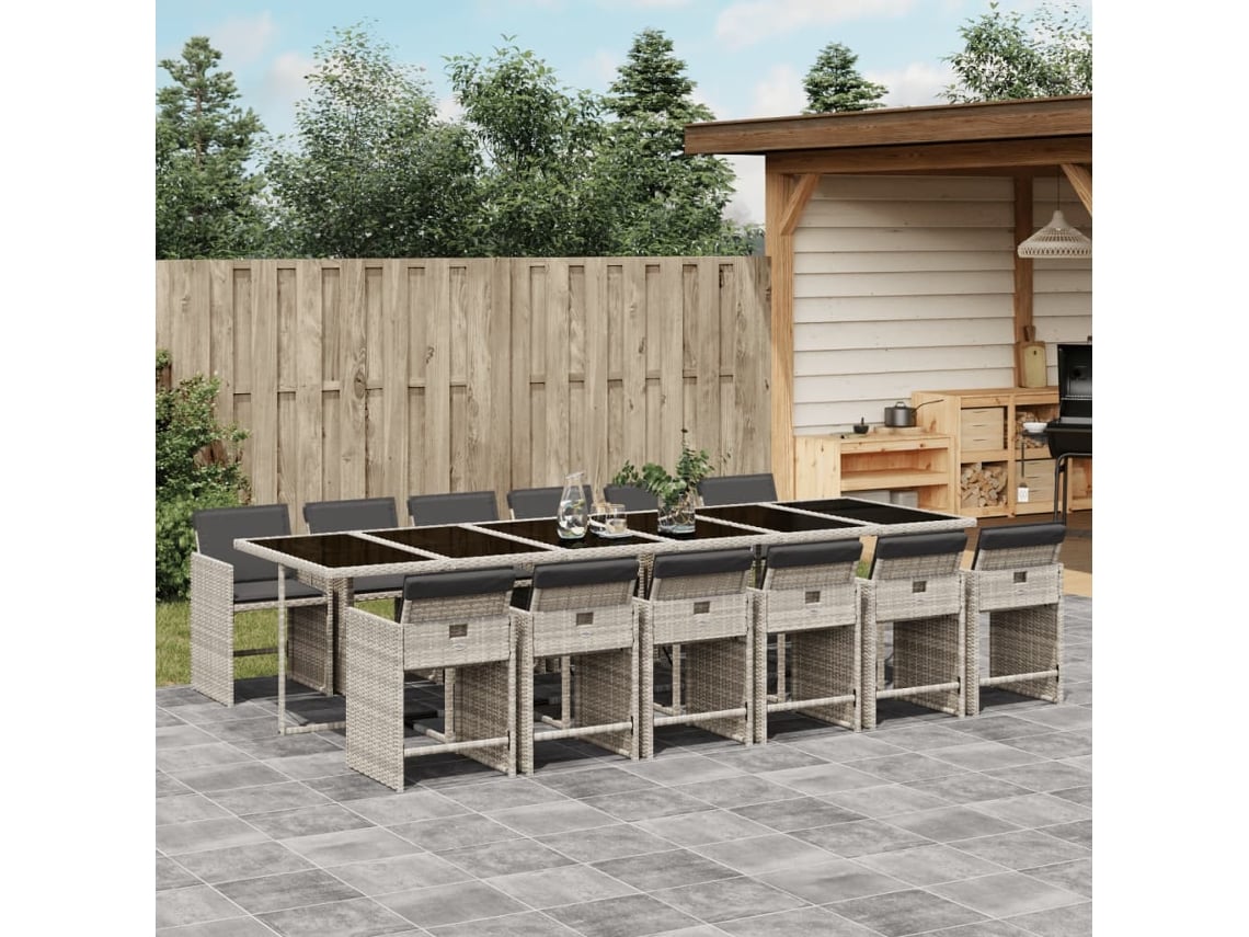 Juego de comedor de jardín de 13 piezas con cojines de mimbre gris claro, Dkd Home Decor