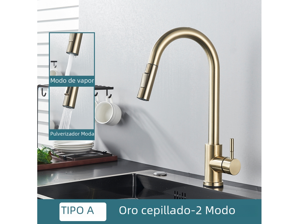 Grifo De Cocina De Acero Inoxidable (dorado) De Doble Función, Monomando Extraíble, Para Agua Caliente Y Fría.