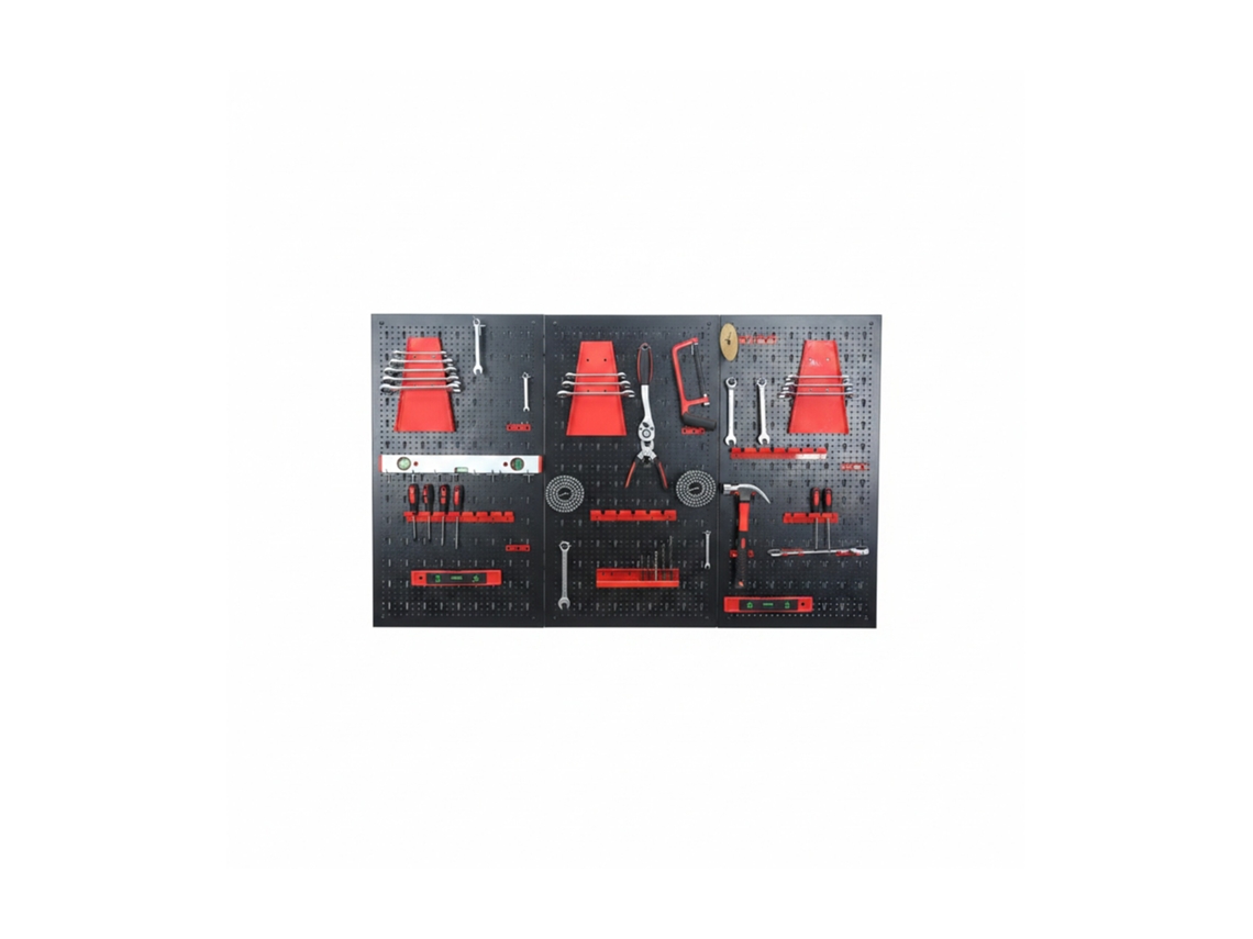 Panel de herramientas Relaxdays, 3 paneles perforados, 26 accesorios, 60 x 40 cm, metal, taller, negro/rojo