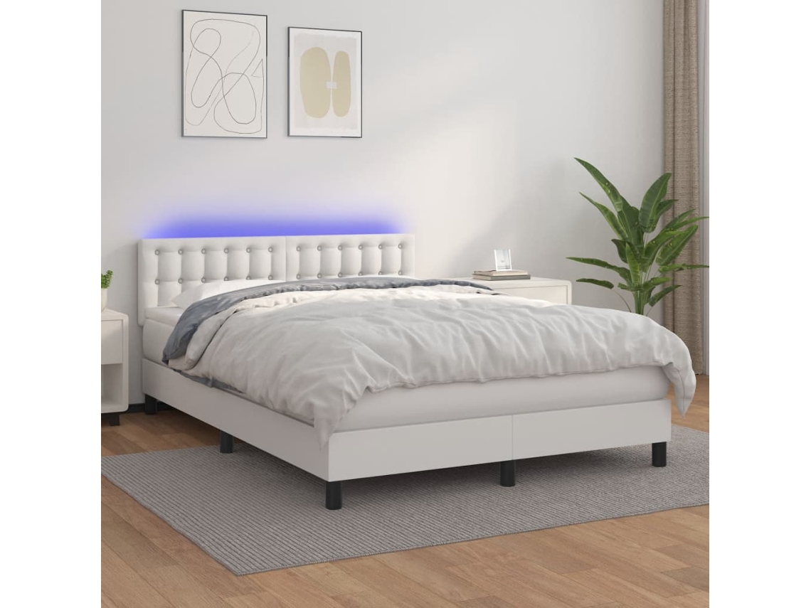 Cama Box Spring Colchón Y Led Cuero Sintético Blanco 140x190 Cm