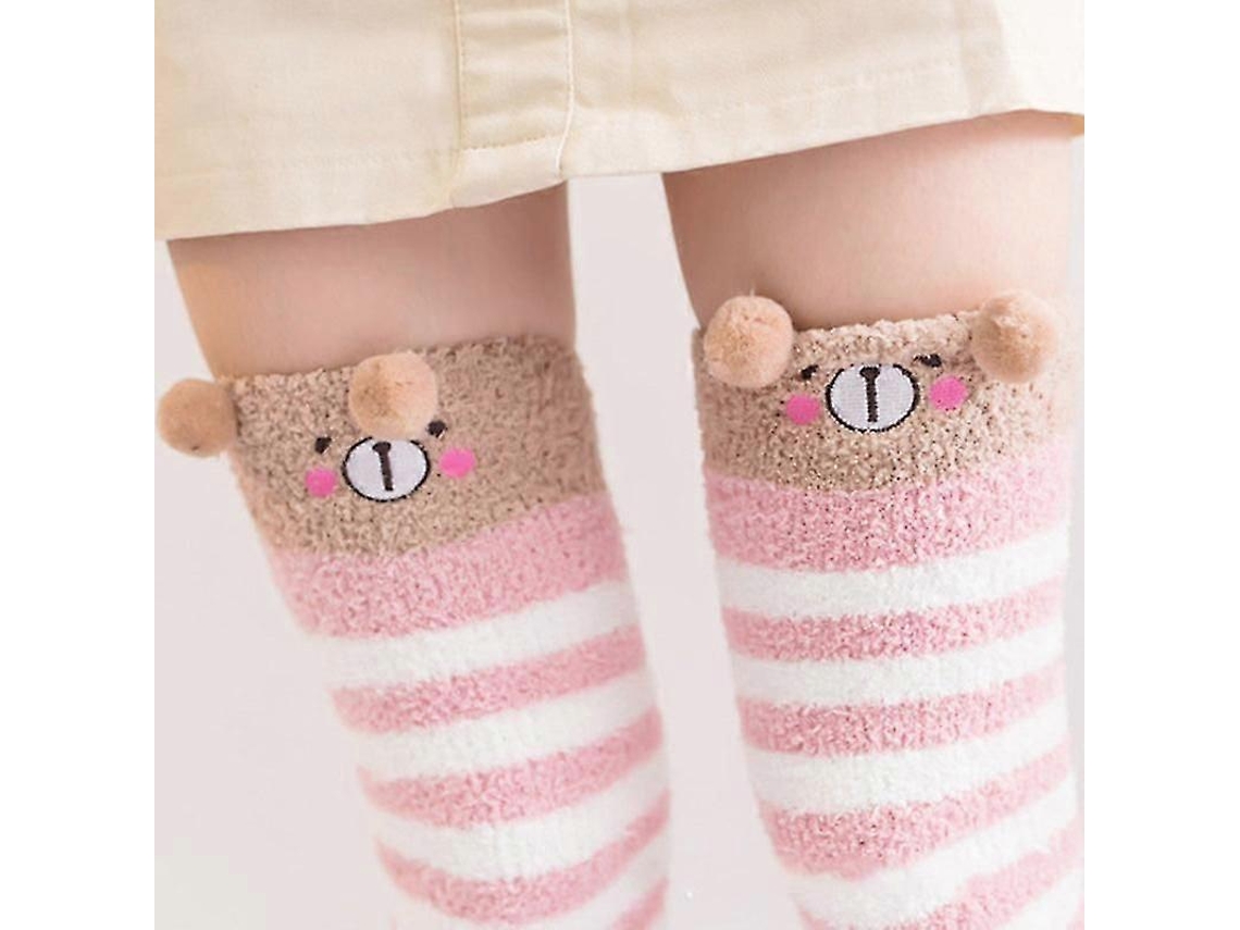 Calcetines suaves de lana coral hasta la rodilla, ideales para el invierno, para niñas y mujeres. Calcetines de rayas con estampados de animales, pelusas y dibujos animados.