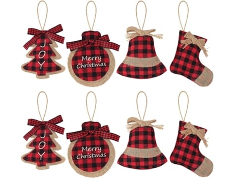 8 adornos para árbol de Navidad, adornos colgantes de arpillera con costura a cuadros de cuadros de búfalo rojo y negro