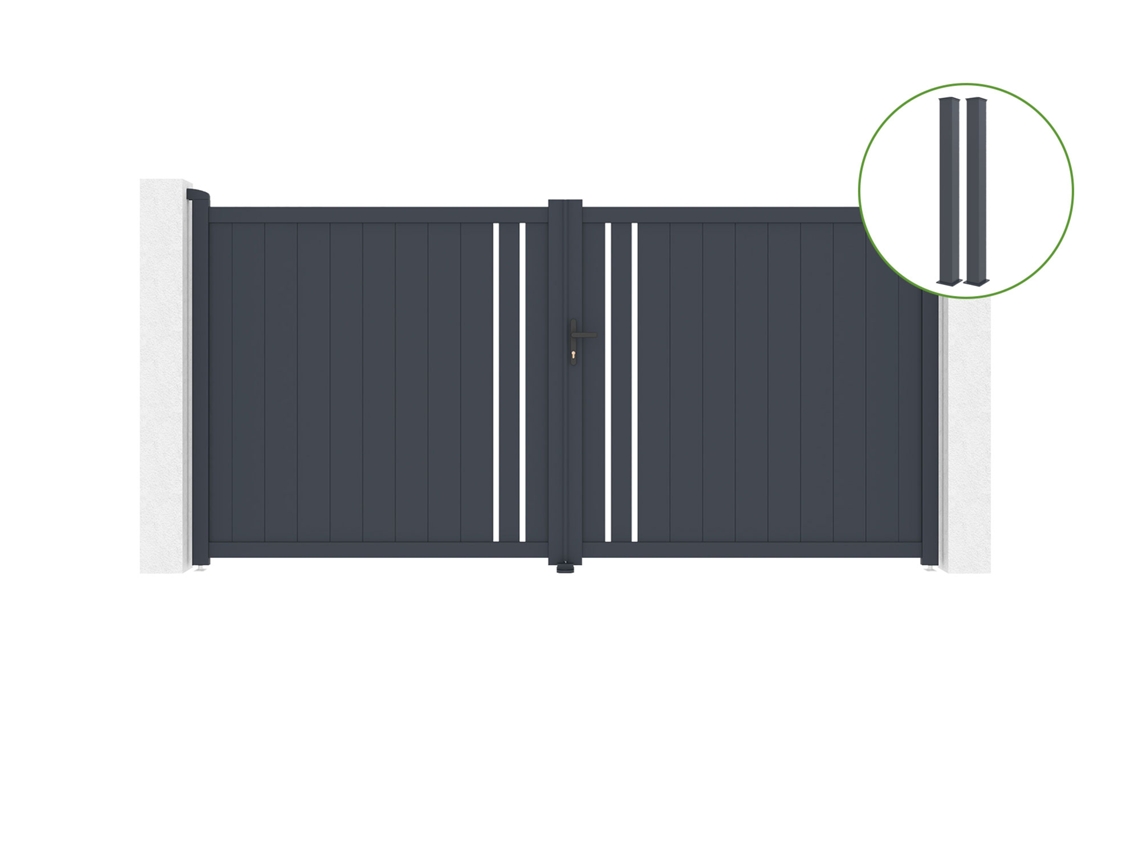 Puerta abatible 3,5m GIONA H.180cm aluminio 2 postes EIFEL 15x15cm H.190cm GRI CASANOOV