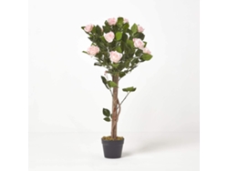 Homescapes Pink Potted Rose Tree Artificial Plant With Lifelike Green Leaves And Single Trunk, 90 Cm