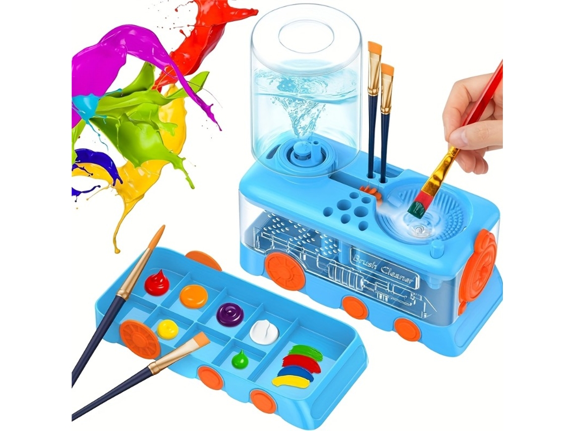 (Rectángulo azul) Juego de materiales de arte cinco en uno, que incluye rueda hidráulica, portapinceles y paleta.