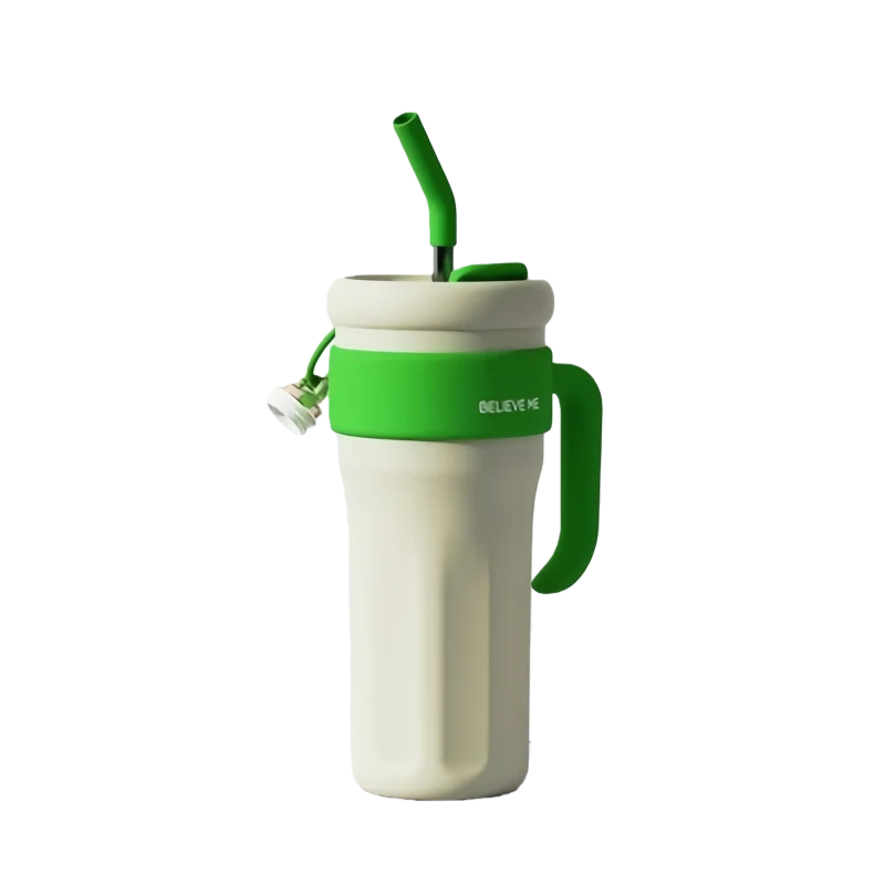 (Verde, 1250 ml) Botella termo de acero inoxidable con aislamiento al vacío, pajita y asa.