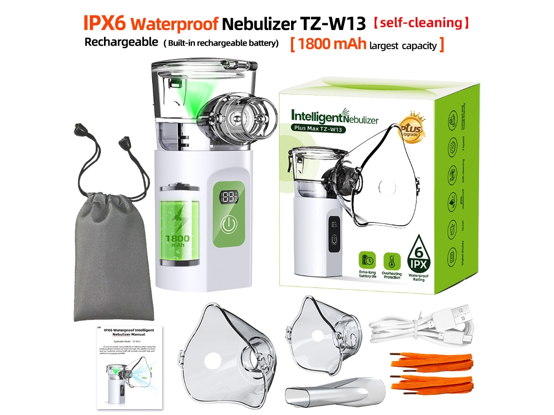 Nebulizador portátil ecológico IPX6 resistente al agua, batería de 1800 mAh y bolsa de almacenamiento familiar.