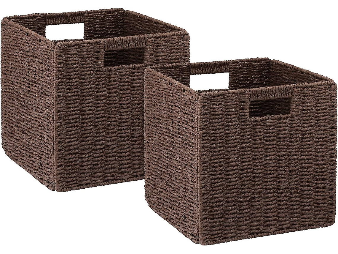Paquete de 2 cestas de mimbre, cestas de papel tejidas a mano, cajas de almacenamiento plegables