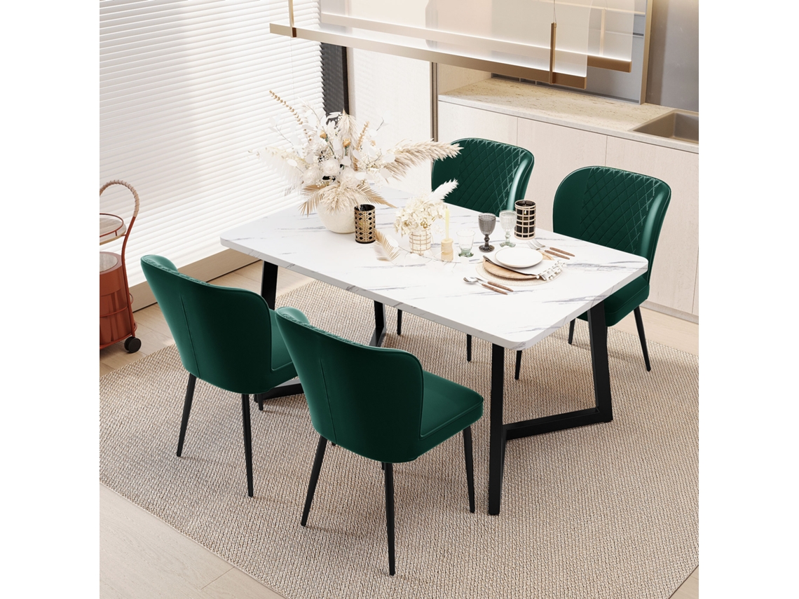 Juego de 4 sillas de comedor verde oscuro con tapizado de diseño, respaldo y asiento de terciopelo y estructura de metal.