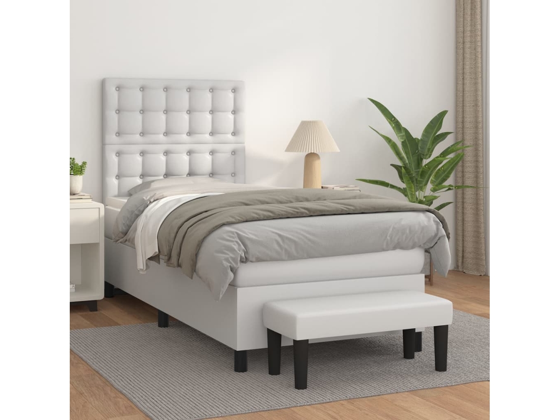 Cama Box Spring Con Colchón Cuero Sintético Blanco 80x200 Cm