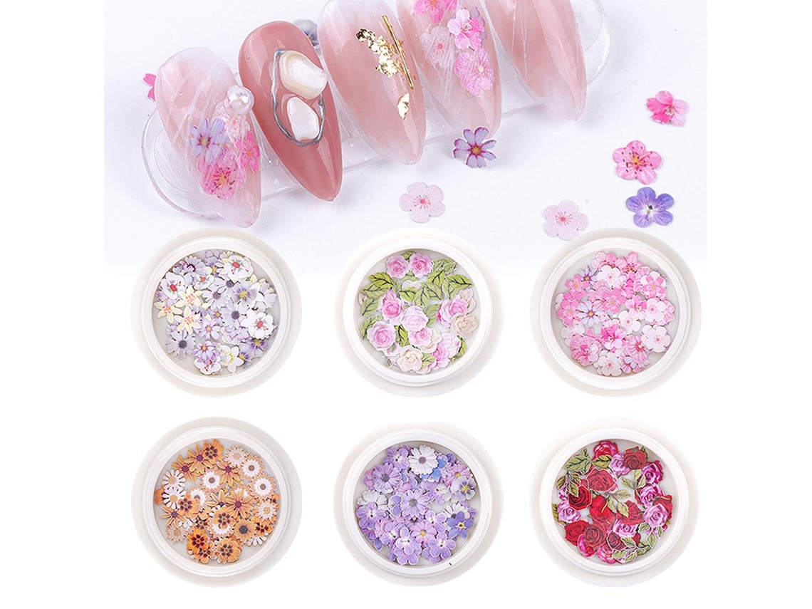 6 cajas de lentejuelas 3D para uñas, flores y hojas simuladas para decorar uñas.