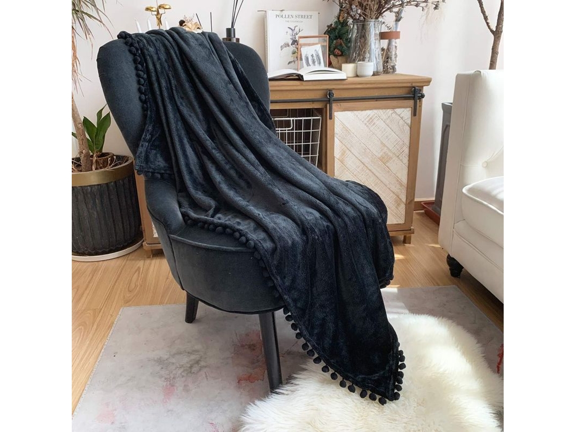 Rebe-manta Flanela Ligera Suave Con Flecos De Pompoms Para Sofa Cama Temporada Todas 51x59 Pulgadas Negro