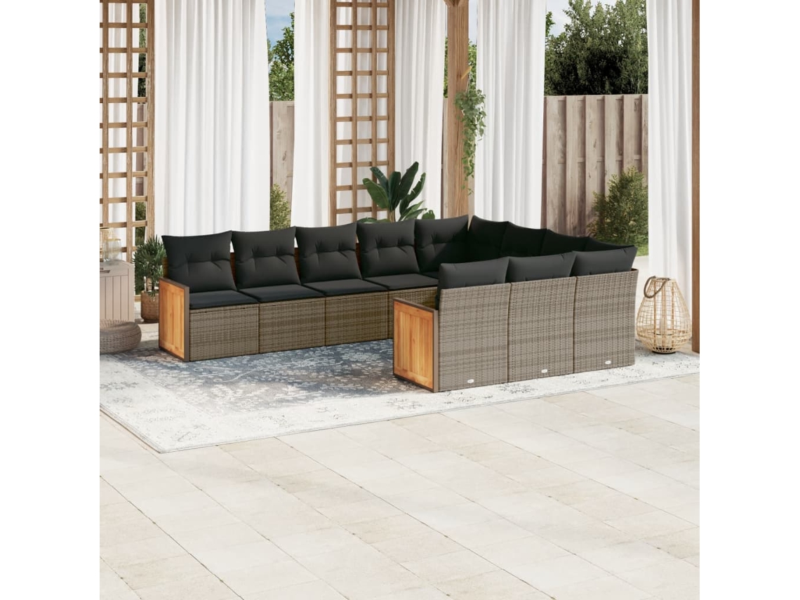 Conjunto de sofá de jardín de 10 piezas con cojines, ratán gris, DKD Home Decor