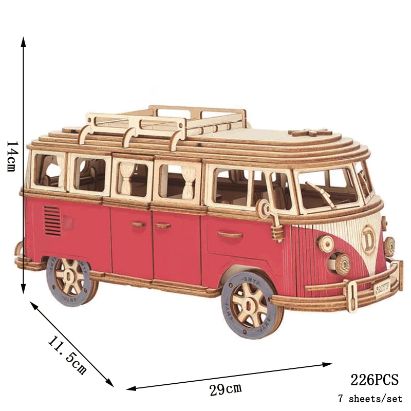 (camper Roja) Rompecabezas De Madera 3d De Un Autobús Retro Y Una Autocaravana Europea. Modelo Para Armar Tú Mismo.