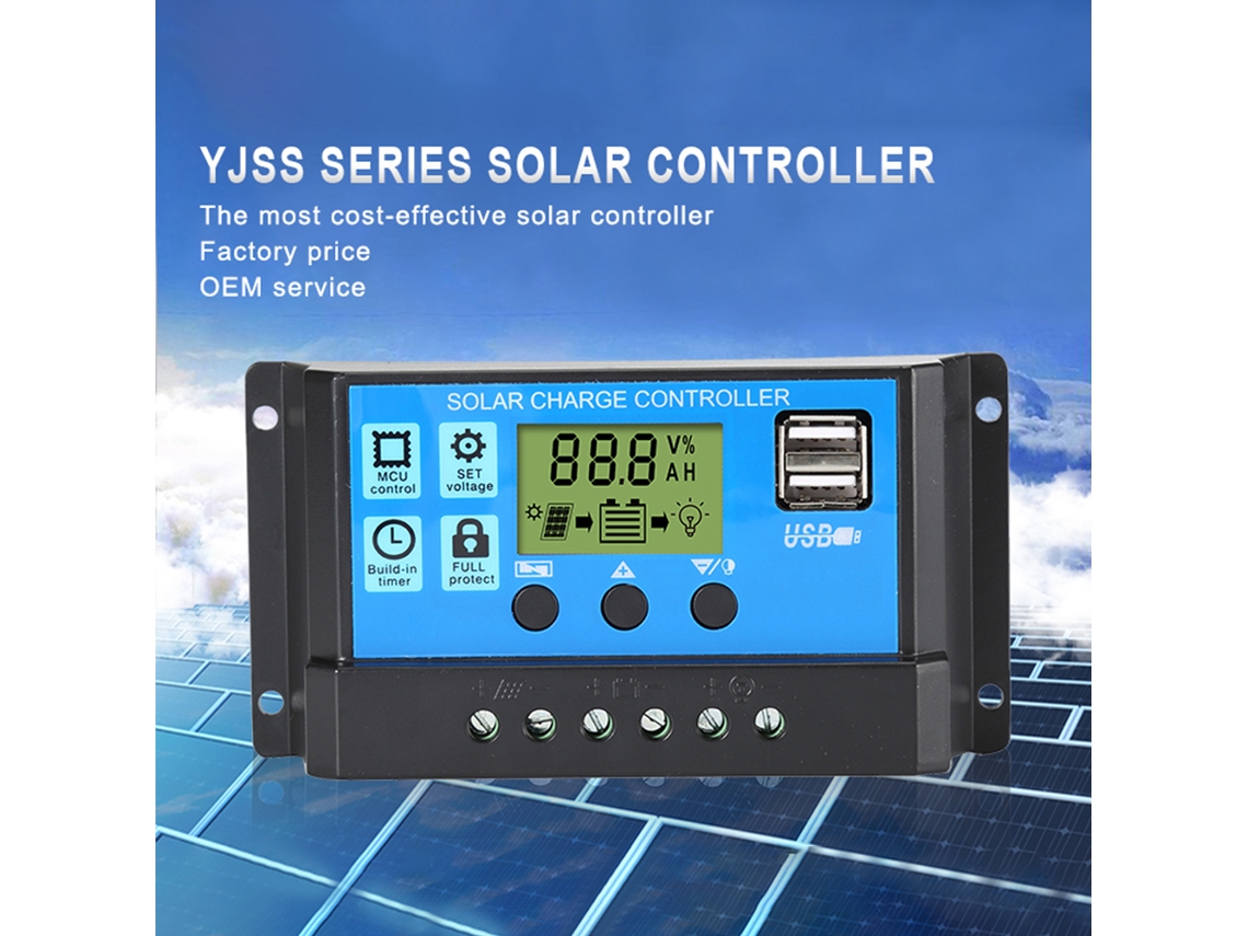 Controlador de carga solar 30A 12V/24V Identificación automática Parámetros PWM Pantalla LCD ajustable Controlador solar Puerto USB dual Controlador de carga solar