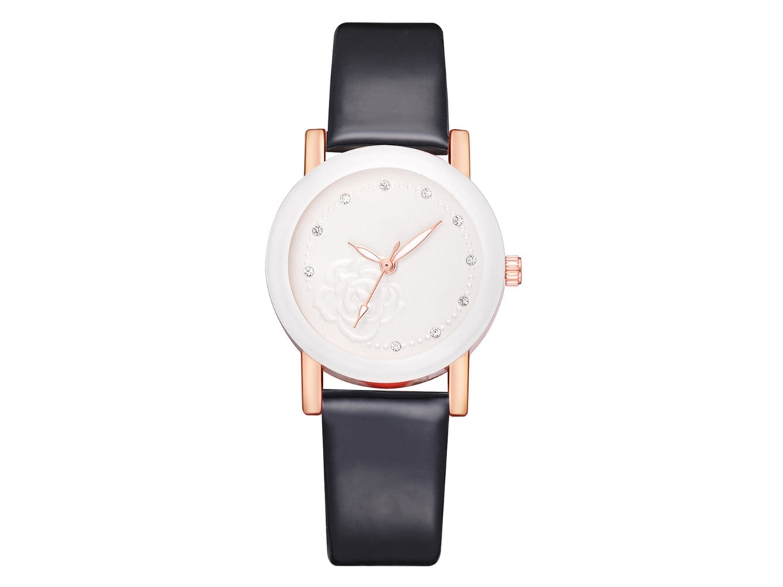 Reloj De Pulsera De Cuarzo Para Mujer Con Diamantes De Imitación Y Estampado Floral, Correa De Piel Sintética Negra Informal.