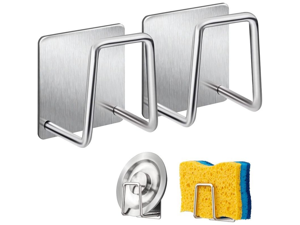 Soporte para esponjas de acero inoxidable 304, gancho adhesivo para cocina y baño, accesorio para fregadero, paquete de 2, plateado