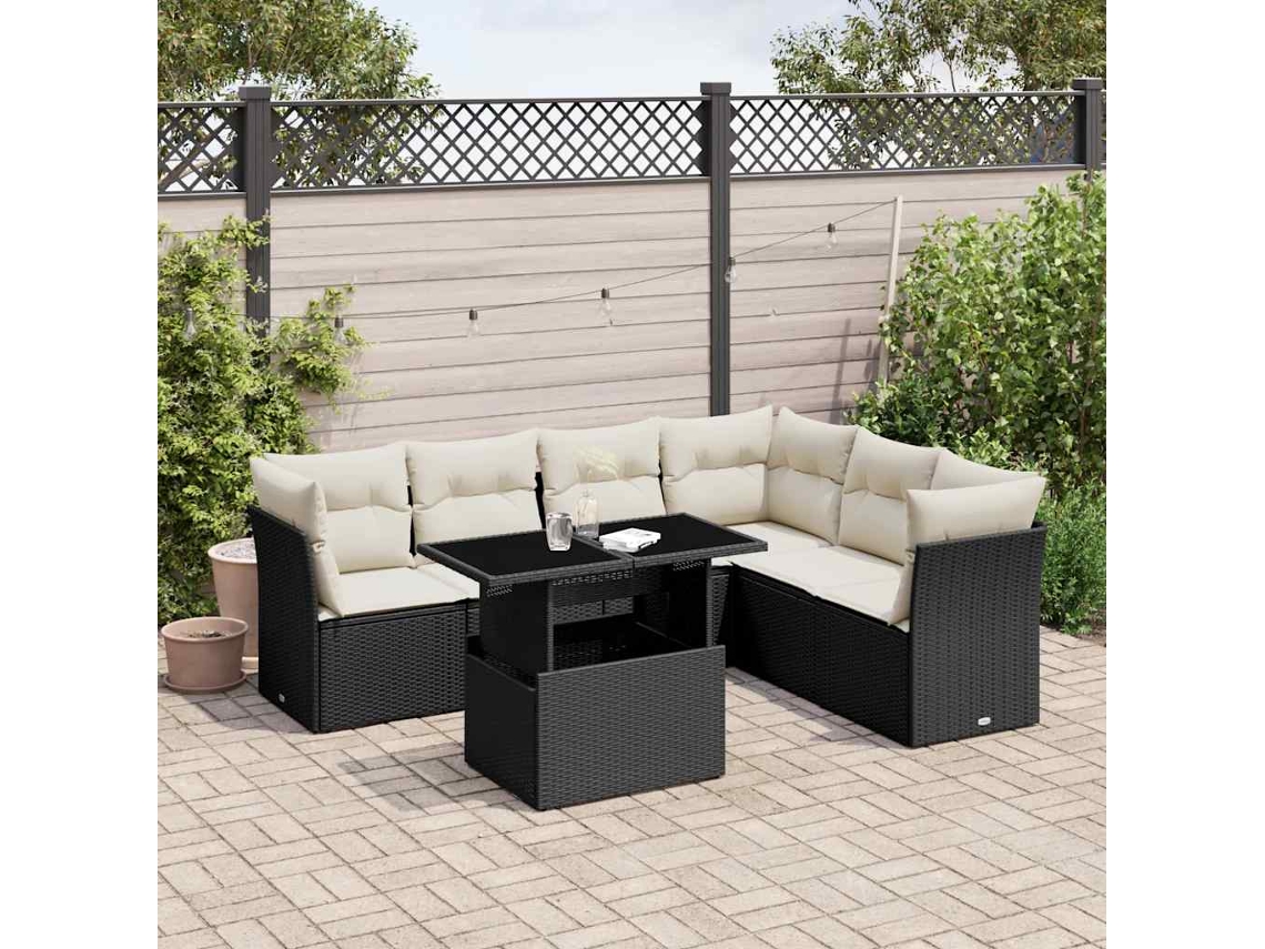 Conjunto de sofá de jardín de 7 piezas con cojines, ratán negro, Dkd Home Decor