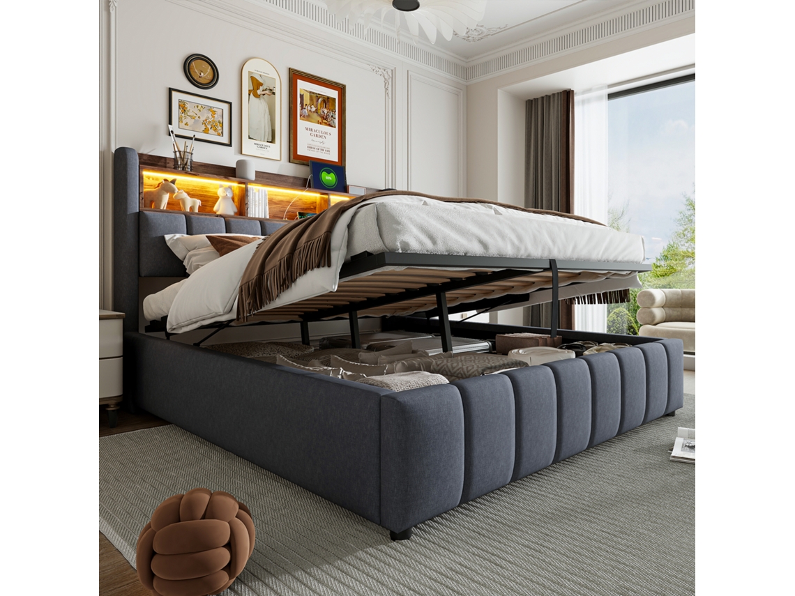 Cama Doble De 180x200 Cm Con Cabecero Tapizado, Iluminación Led Y Usb, Color Gris.