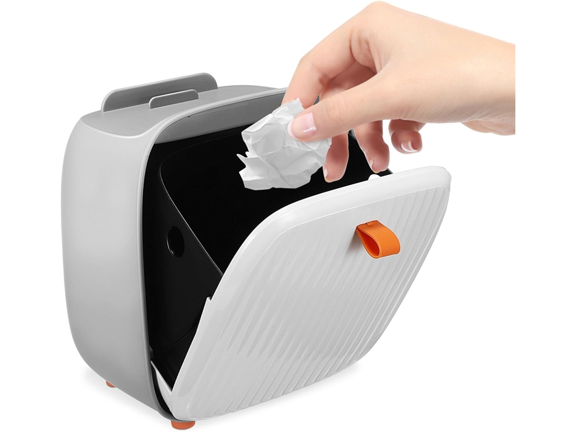 Mini papelera de mesa de plástico blanco con tapa hermética, práctica y extraíble.