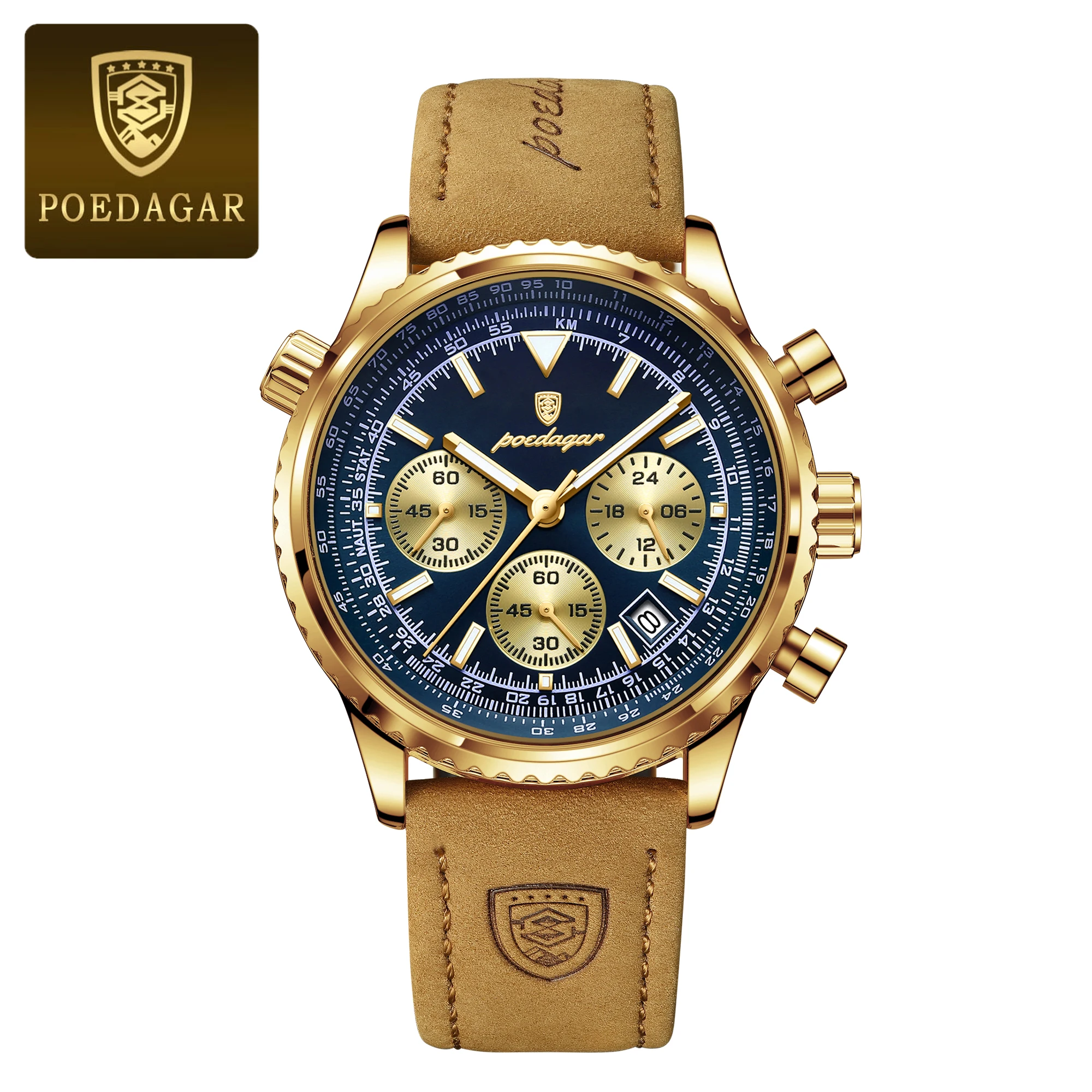 Reloj De Cuarzo Para Hombre, Resistente Al Agua, Luminoso, Con Indicador De Fecha (caja Dorada, Esfera Azul).