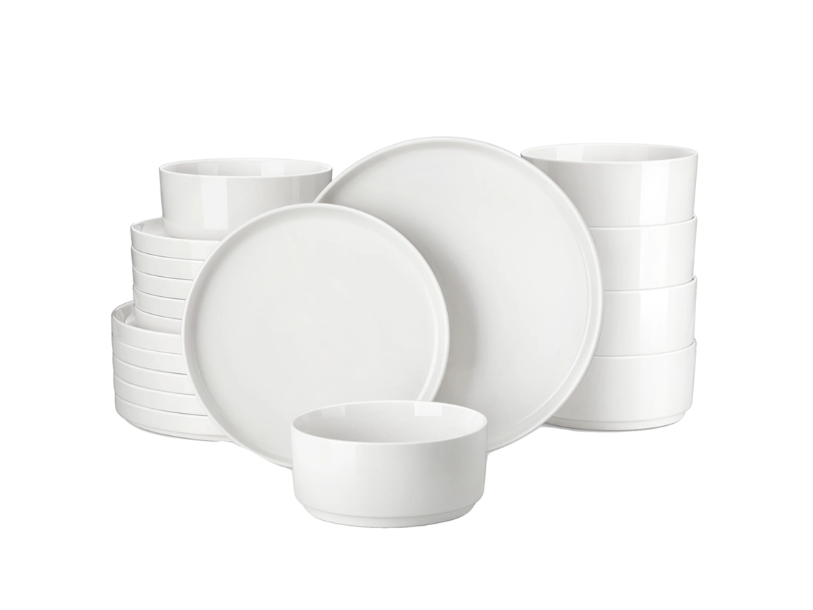Juego de vajilla Malacasa, elegante forma redonda, cerámica sin plomo, blanco, 24 piezas