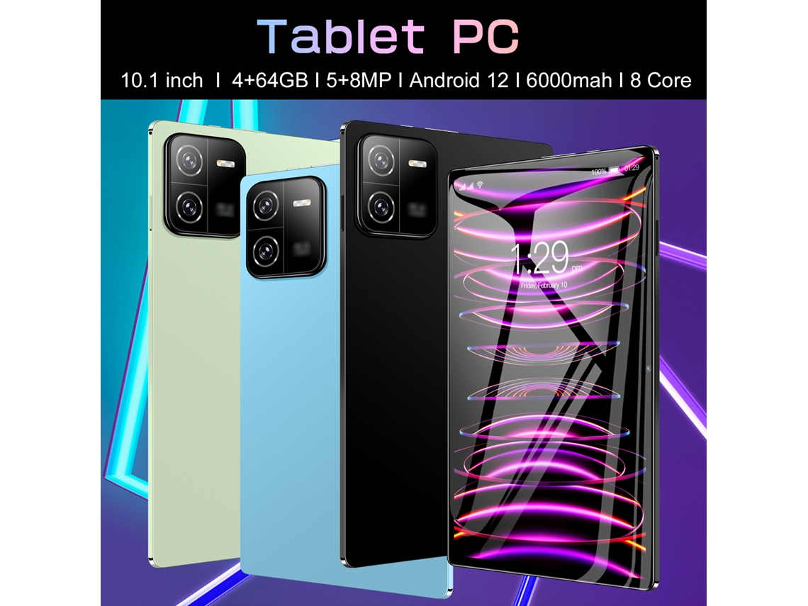Tablet Android de 10,1 pulgadas, 4 GB/64 GB, 8 núcleos, 128 GB ampliables, colores: negro, verde y azul.