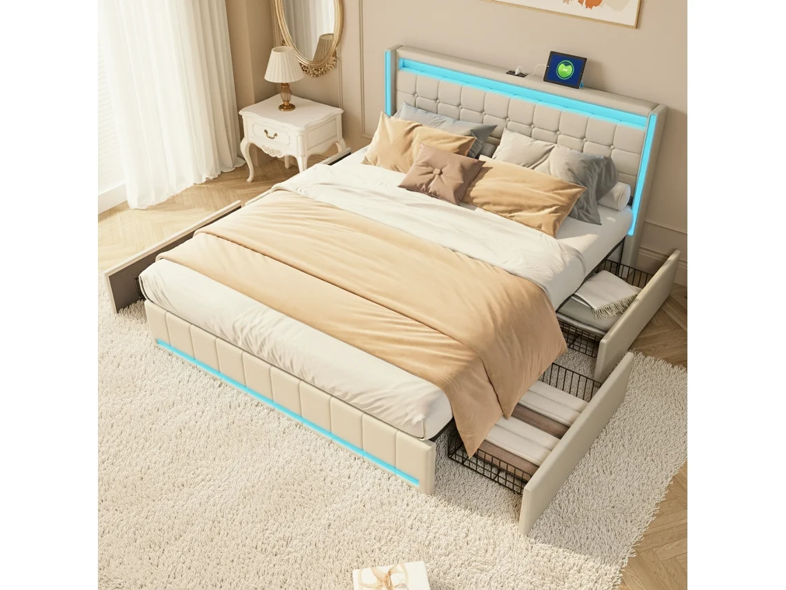 Cama Tapizada 140x190 Cm, Cama De Matrimonio, 4 Cajones, Usb Tipo C, Led Con Control Por App, Tejido De Lino - Beige