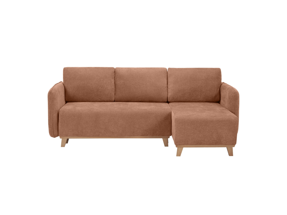 Sofá Cama Chaise Longue Reversible 3-4 Plazas de Tejido Efecto Aterciopelado Terracota Y Madera Clara Romane MILIBOO
