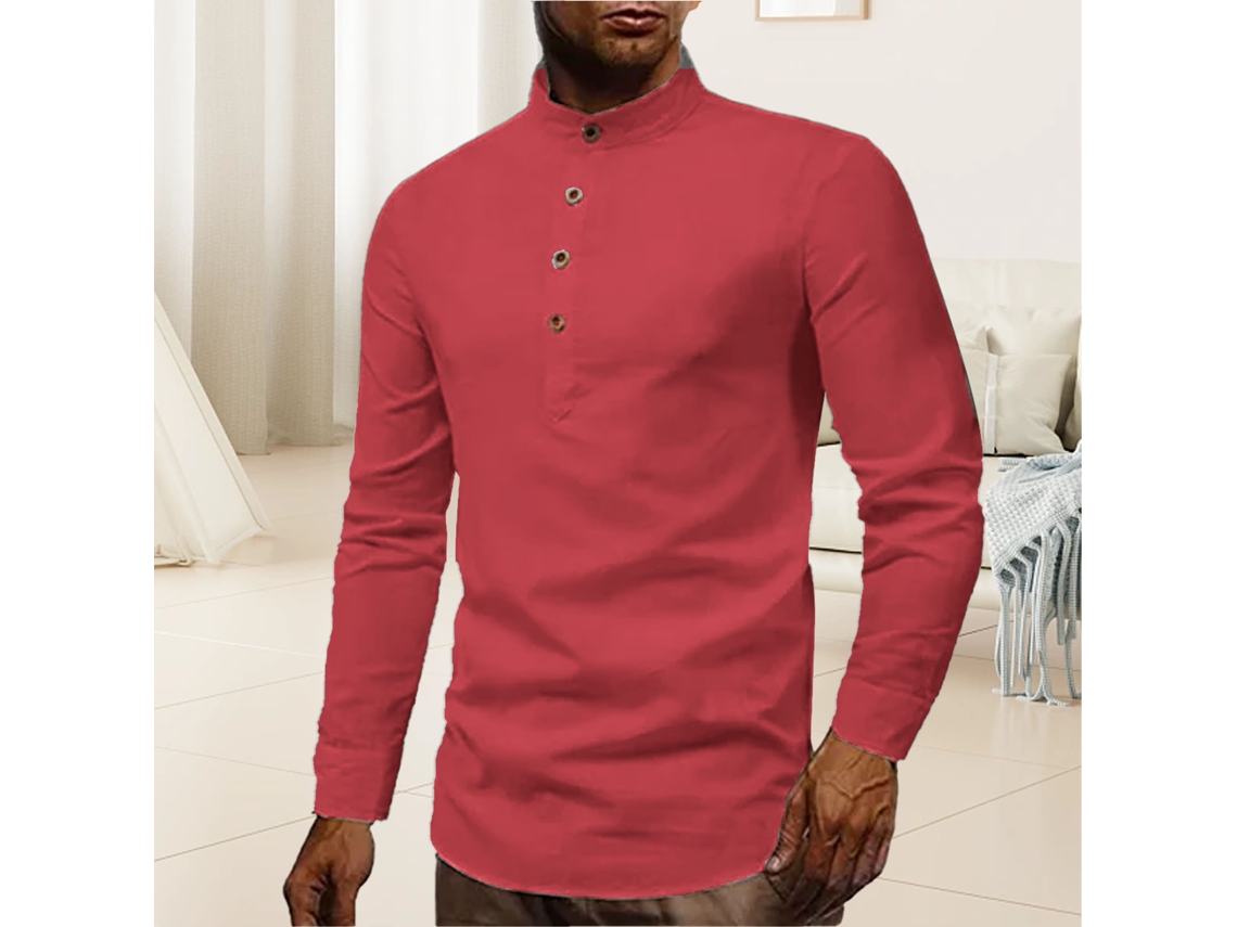 Camisa De Manga Larga Para Hombre, Cuello Alto, Medio Botón, Corte Ajustado, Roja, Xxl