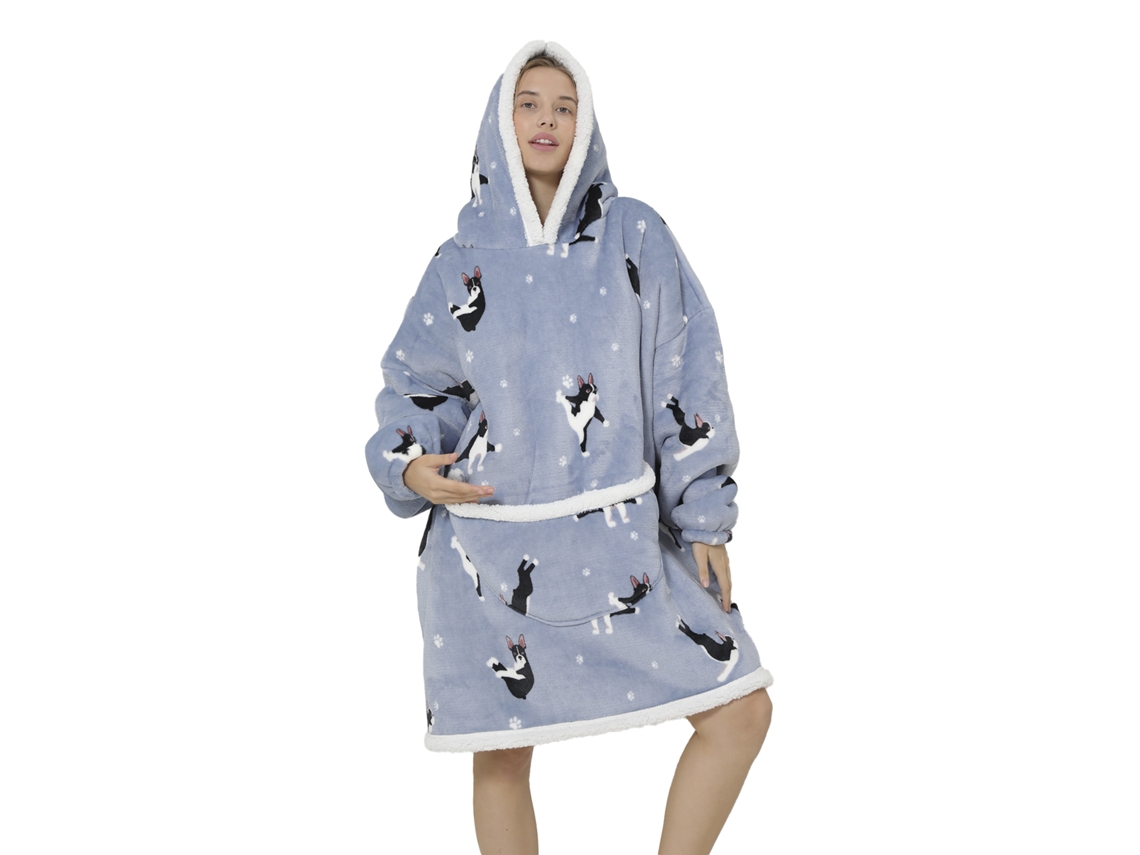 Bata Estilo Sudadera Y Manta De Felpa Extrasuave. Bolsillo Frontal Tipo Canguro. Diseño Bulldogs