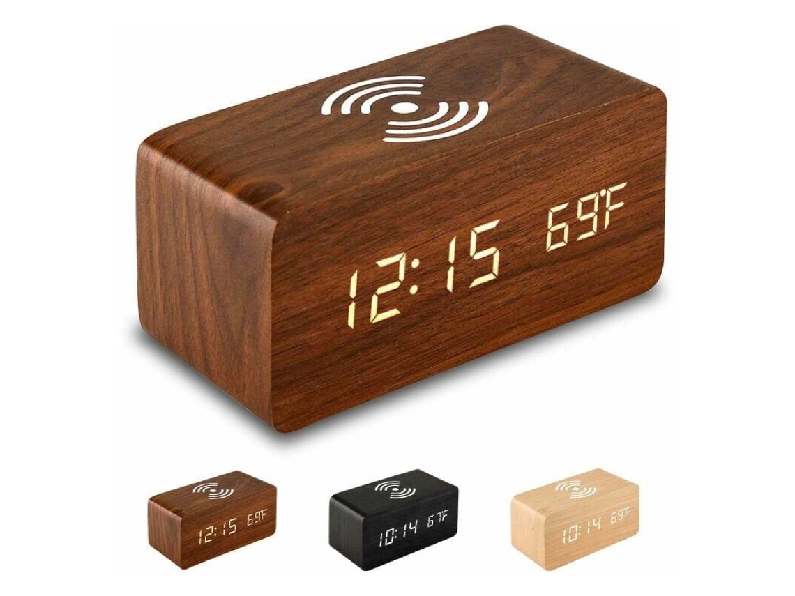 Reloj despertador digital LED, diseño clásico de madera roja con pantalla blanca, reloj de escritorio multifuncional con hora, temperatura y brillo.