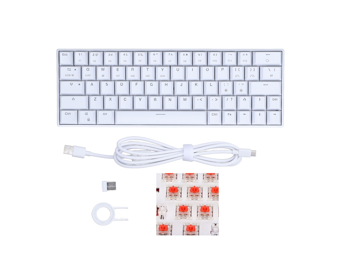 Teclado Mecânico 64 Teclas Rgb Sem Fio 2.4g Bt3.0 5.0 Usb-c Com Switch Vermelho Ergonômico Branco