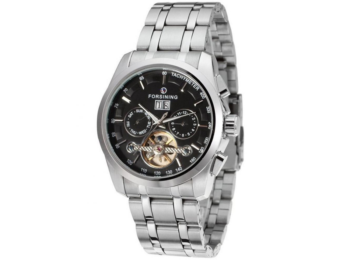 Reloj Automático Mecánico De Acero Inoxidable Con Tres Zonas Horarias Forsining (negro+plata)