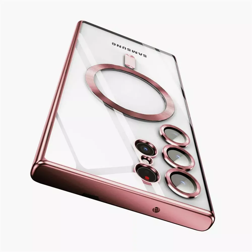 (samsung S24 Rosa) Funda Magnética Transparente Galvanizada Para Teléfono Samsung, Compatible Con Carga Inalámbrica Magsafe.